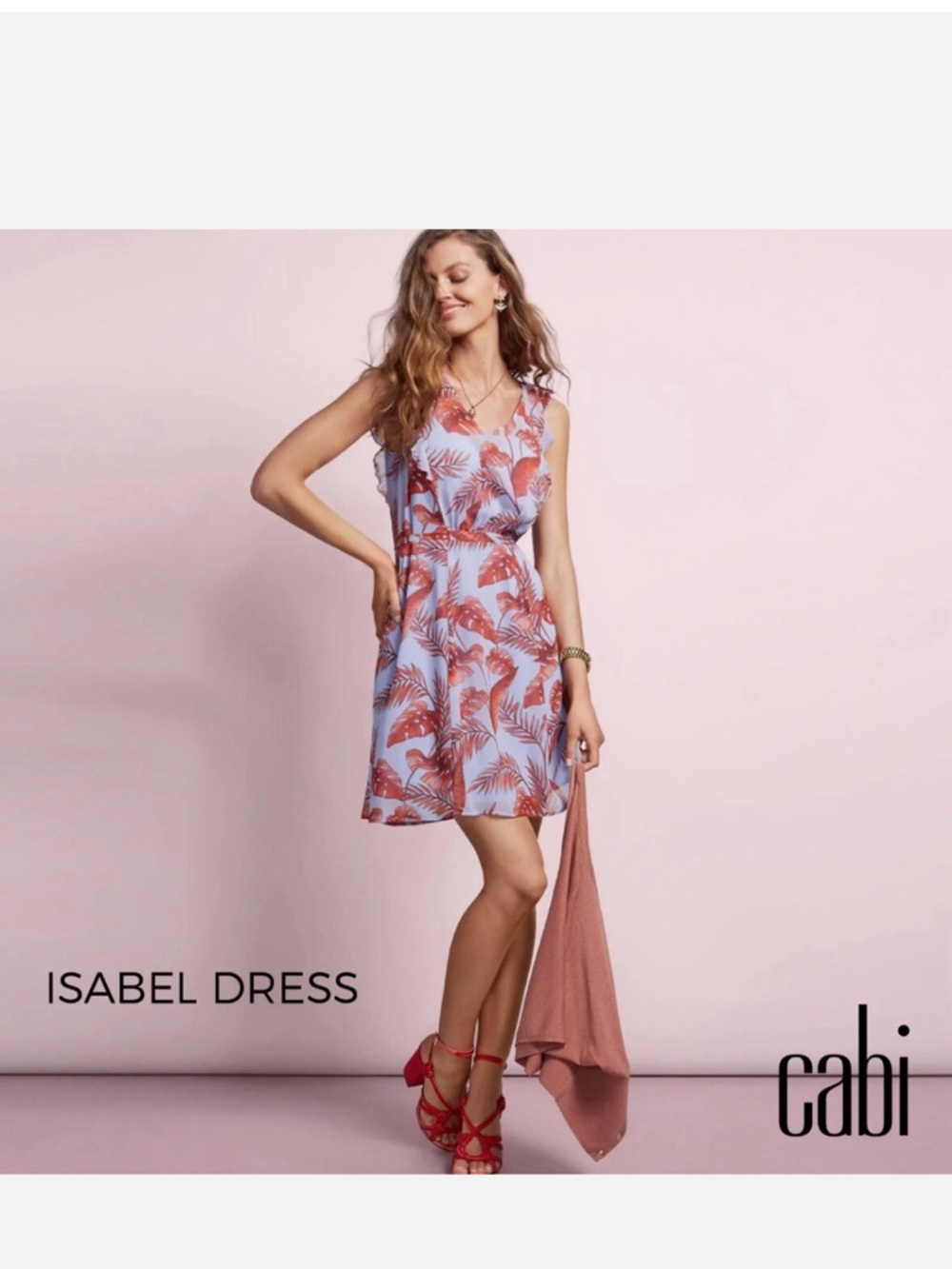 NWT! CAbi Isabel V-Neck Mini Dress in Light Blue with Coral Leaf Print Size L - Picture 1 of 16